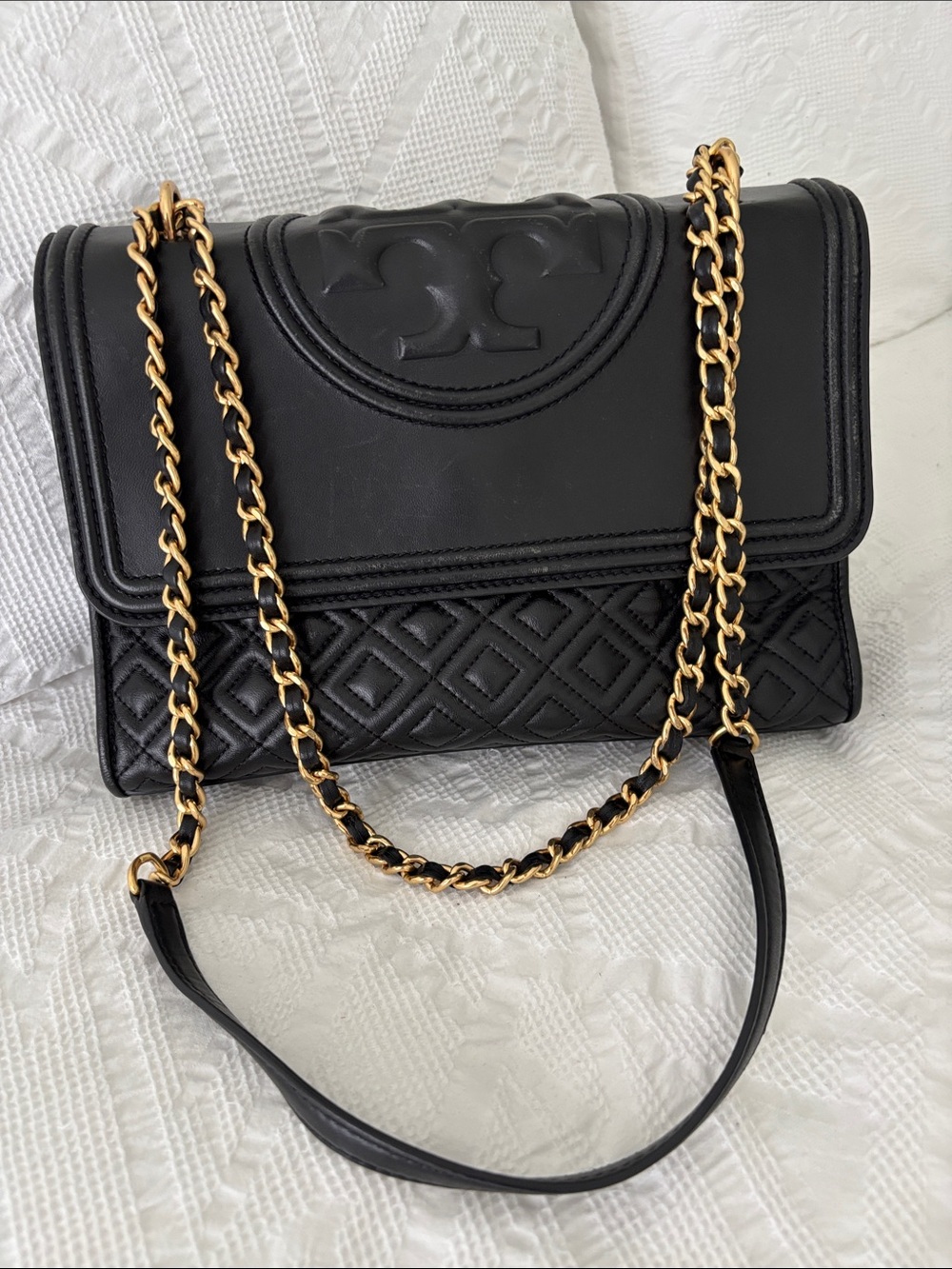 Tory Burch Black Quilted Leather Chain Strap Shoulder Bag with Gold Hardware